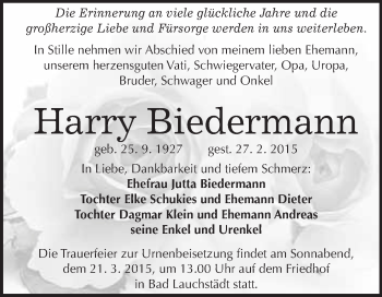 Traueranzeige von Harry Biedermann von WVG - Wochenspiegel Merseburg