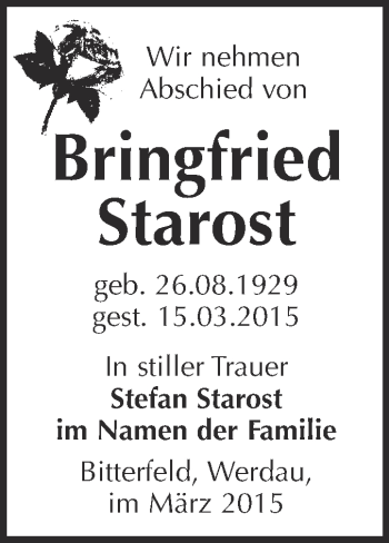 Traueranzeige von Bringfried Starost von WVG - Wochenspiegel Bitterfeld