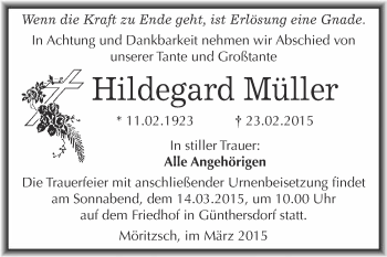 Traueranzeige von Hildegard Müller von WVG - Wochenspiegel Merseburg