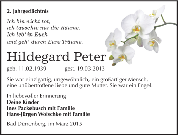 Traueranzeige von Hildegard Peter von Mitteldeutsche Zeitung Merseburg/Querfurt