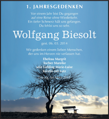 Traueranzeige von Wolfgang Biesolt von Mitteldeutsche Zeitung Köthen
