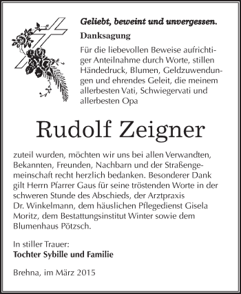 Traueranzeige von Rudolf Zeigner von WVG - Wochenspiegel Bitterfeld