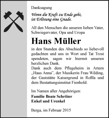 Traueranzeige von Hans Müller von Mitteldeutsche Zeitung Sangerhausen