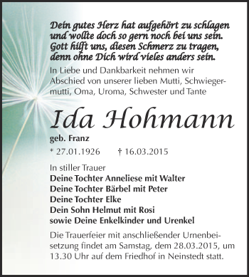 Traueranzeige von Ida Hohmann von WVG - Wochenspiegel Quedlinburg