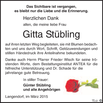 Traueranzeige von Gitta Stübling von WVG - Wochenspiegel NMB / WSF / ZTZ