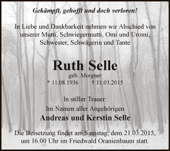 Traueranzeige von Ruth Selle von WVG - Wochenspiegel Dessau / Köthen