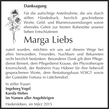 Traueranzeige von Marga Liebs von Wochenspiegel Mansfelder Land