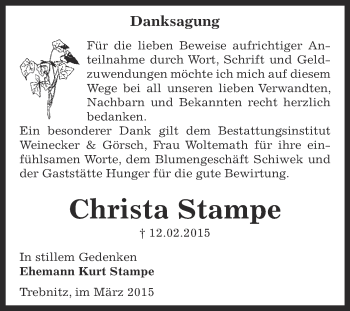 Traueranzeige von Christa Stampe von Super Sonntag Bernburg