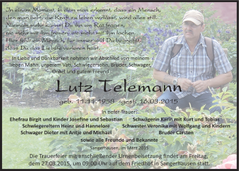 Traueranzeige von Lutz Telemann von Mitteldeutsche Zeitung Sangerhausen