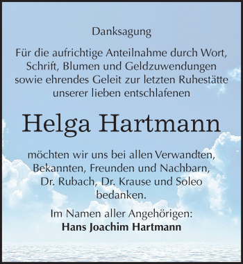 Traueranzeige von Helga Hartmann von Mitteldeutsche Zeitung Köthen