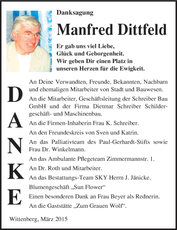 Traueranzeige von Manfred Dittfeld von Mitteldeutsche Zeitung Wittenberg
