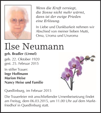 Traueranzeige von Ilse Neumann von WVG - Wochenspiegel Quedlinburg