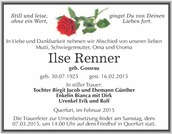 Traueranzeige von Ilse Renner von WVG - Wochenspiegel Merseburg