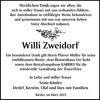 Traueranzeige von Willi Zweidorf von WVG - Wochenspiegel Quedlinburg
