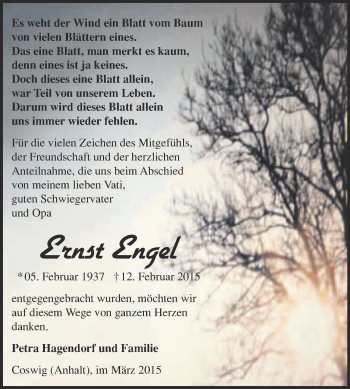 Traueranzeige von Ernst Engel von Super Sonntag Wittenberg