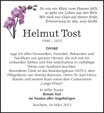 Traueranzeige von Helmut Tost von Mitteldeutsche Zeitung Weißenfels