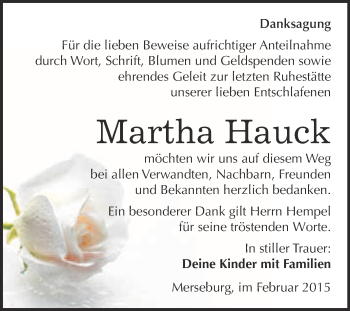 Traueranzeige von Martha Hauck von Super Sonntag Merseburg