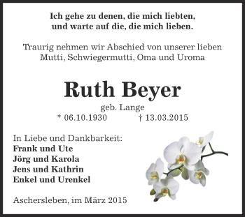 Traueranzeige von Ruth Beyer von Super Sonntag Aschersleben