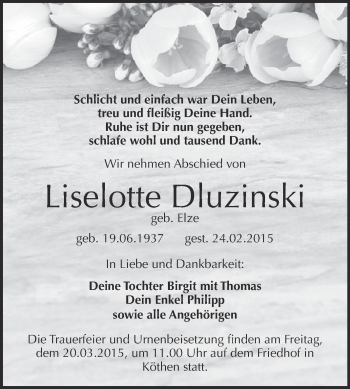 Traueranzeige von Liselotte Dluzinski von WVG - Wochenspiegel Dessau / Köthen