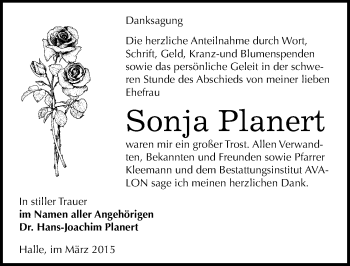 Traueranzeige von Sonja Planert von Mitteldeutsche Zeitung Halle/Saalkreis