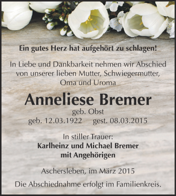 Traueranzeige von Anneliese Bremer von Super Sonntag Aschersleben