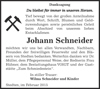 Traueranzeige von Johann Schneider von Wochenspiegel Mansfelder Land