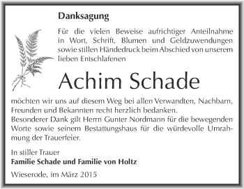 Traueranzeige von Achim Schade von Super Sonntag SGH Mansf. Land