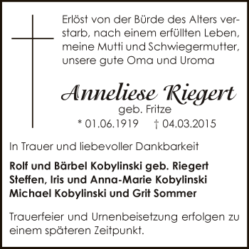 Traueranzeige von Anneliese Riegert von Super Sonntag Bernburg