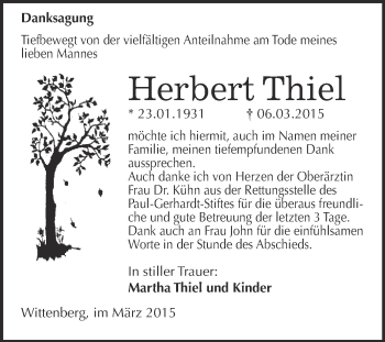 Traueranzeige von Herbert Thiel von WVG - Wochenspiegel Wittenberg