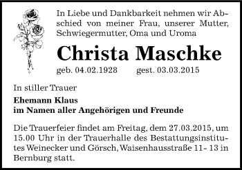 Traueranzeige von Christa Maschke von Mitteldeutsche Zeitung Bernburg