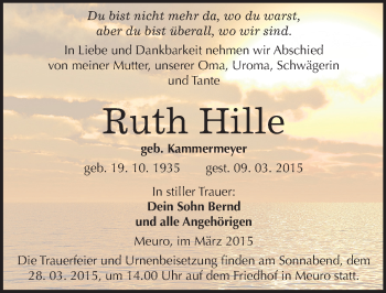 Traueranzeige von Ruth Hille von Mitteldeutsche Zeitung Wittenberg