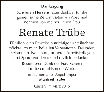 Traueranzeige von Renate Trübe von Super Sonntag Bernburg