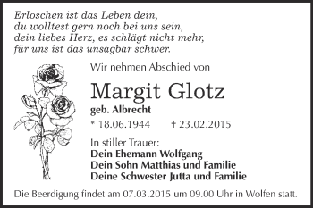 Traueranzeige von Margit Glotz von WVG - Wochenspiegel Bitterfeld