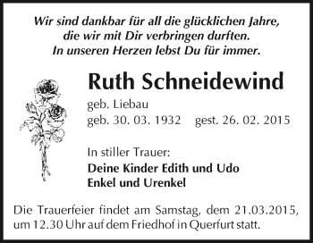Traueranzeige von Ruth Schneidewind von WVG - Wochenspiegel Halle