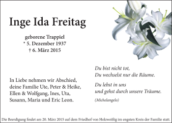 Traueranzeige von Inge Ida Freitag von Mitteldeutsche Zeitung Bitterfeld