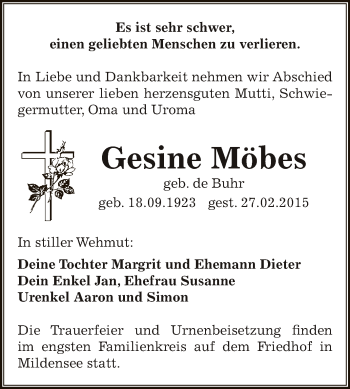 Traueranzeige von Gesine Möbes von WVG - Wochenspiegel Dessau / Köthen