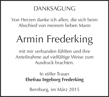 Traueranzeige von Armin Frederking von Super Sonntag Bernburg