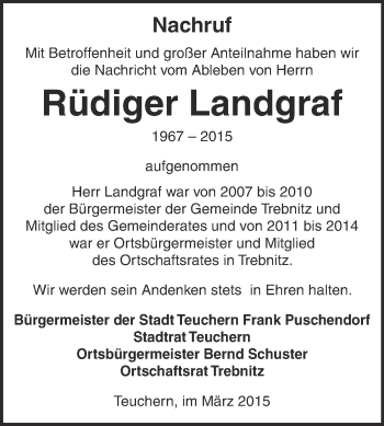 Traueranzeige von Rüdiger Landgraf von WVG - Wochenspiegel NMB / WSF / ZTZ