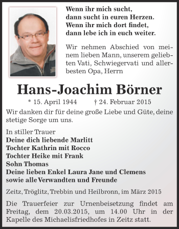Traueranzeige von Hans-Joachim Börner von Super Sonntag Zeitz