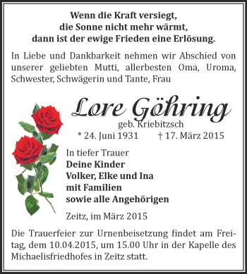 Traueranzeige von Lore Göhring von Super Sonntag Zeitz
