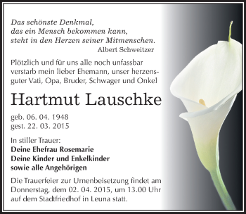 Traueranzeige von Hartmut Lauschke von Mitteldeutsche Zeitung Merseburg/Querfurt