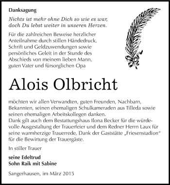 Traueranzeige von Alois Olbricht von Super Sonntag SGH Mansf. Land