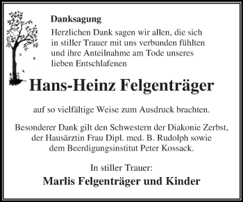 Traueranzeige von Hans-Heinz Felgenträger von WVG - Wochenspiegel Dessau / Köthen