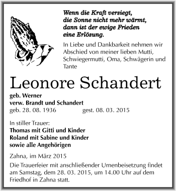 Traueranzeige von Leonore Schandert von Mitteldeutsche Zeitung Wittenberg