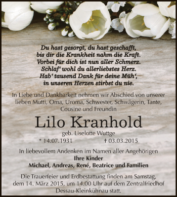 Traueranzeige von Lilo Kranhold von WVG - Wochenspiegel Dessau / Köthen