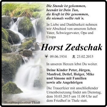 Traueranzeige von Horst Zedschak von Super Sonntag Quedlinburg