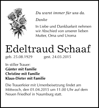Traueranzeige von Edeltraud Schaaf von Mitteldeutsche Zeitung Naumburg/Nebra