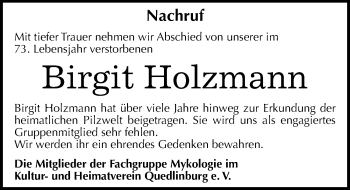 Traueranzeige von Birgit Holzmann von Mitteldeutsche Zeitung Quedlinburg