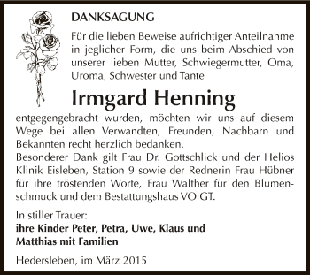 Traueranzeige von Irmgard Henning von Wochenspiegel Mansfelder Land