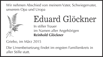 Traueranzeige von Eduard Glöckner von Super Sonntag Wittenberg